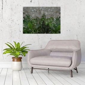 Obraz na szkle - Betonowa ściana z roślinami (70x50 cm)