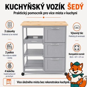 Wózek kuchenny na kółkach z szufladami, szary