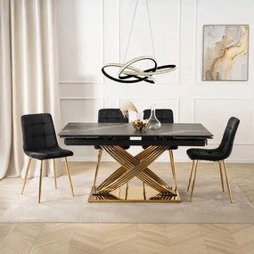 Zestaw Stół Rozkładany IBIZA 160-240 cm Czarny Marmur/Złoty i 4 Krzesła Tapicerowane YORK Czarne Glamour