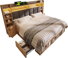 Łóżko podwójne z pojemnikiem w wykończeniu dębowym - 160 x 200 cm - z zagłówkiem + oświetlenie LED + stoliki nocne + szuflady - drewno - naturalne