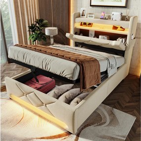 Łóżko z pojemnikiem 90x200 cm, beżowy len, łóżko pojedyncze dla dorosłych z ładowaniem USB i oświetleniem LED, bez materaca