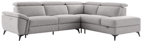 Prawostronna kanapa narożna z funkcją relaksu, elektryczna, z jasnoszarej melanżowej tkaniny CADILO