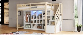 Łóżko piętrowe dla dzieci - 90 x 200 cm - z szafkami wnękowymi + garderoba + oświetlenie LED + drabinka - drewno - kolor biały + naturalny