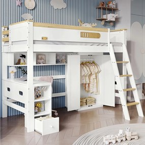 Łóżko piętrowe 90 x 200 cm z biurkiem, szafą i półkami do przechowywania - Sosna + MDF + sklejka - Biały i naturalny