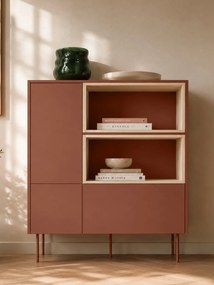 Komoda wysoka Desin 120 cm dwudrzwiowa z szufladą i wnękami - czerwony / ceramic red / dąb nagano