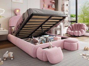 Łóżko dziecięce 140x200 cm tapicerowane welurem - uszy królika z regulowanym LED - z 2 taboretami do przechowywania - Różowe