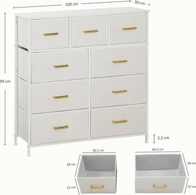 HOMCOM Komoda z Materiału, 9 Szuflad, Rama Stalowa, Elegancka, Wszechstronna, Biała