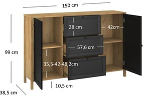Komoda Dwudrzwiowa z Szufladami Drewniana do Salonu NORIA 150 cm Dąb craft złoty/czarny Loft