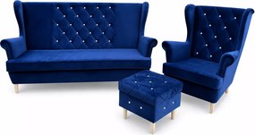 Pikowany zestaw sofa uszak 3 osobowa z fotelem i podnóżkiem