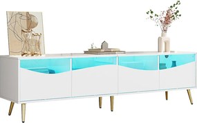 Nowoczesna szafka RTV 180 x 40 x 50 cm z diodami LED - nogi metalowe w kolorze złotym - front szklany i 4 szuflady - płyta MDF - biała