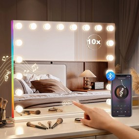 HOMCOM Hollywoodzkie lustro do makijażu z 18 regulowanymi żarówkami LED, 3 kolory, światło RGB, głośnik Bluetooth, 10-krotne powiększenie Białe | Aosom PL