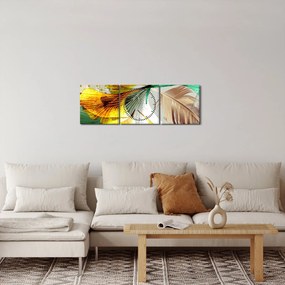 Obraz - Liście z piórami (z zegarem) (90x30 cm)