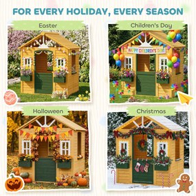 AIYAPLAY Drewniany domek ogrodowy dla dzieci z drzwiami, 3 oknami i 2 skrzynkami na kwiaty, dla dzieci w wieku 3-8 lat, 134,5 x 97 x 150 cm, brązowy | Aosom PL