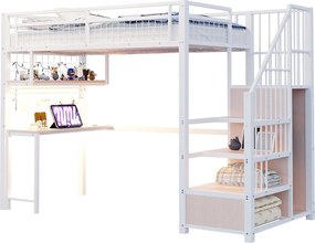 Łóżko piętrowe metalowe - 90 x 200 cm - z diodami LED + gniazdko elektryczne + drabinka + biurko + półka - metalowe - białe