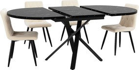 Zestaw obiadowy 5-elementowy ze stołem rozkładanym (100-140 cm) + 4 krzesła welurowe - MDF + metal - beżowy + czarny