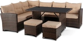 Zestaw Mebli Ogrodowych DALLAS Brązowy/Beżowy Narożnik Pufy Stolik Tarasowy Technorattan Nowoczesny