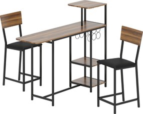 HOMCOM 3-częściowy zestaw stołów barowych, 1 stół, 2 hokery, z regałem na wino, uchwytem na szklanki, otwartymi półkami, podnóżkami, brązowy