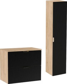 Zestaw Łazienkowy 80cm Szafka Blat Słupek Ryflowane Fronty Czarny / Dąb Orzech