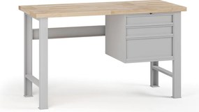 Stół warsztatowy G7, blat bukowy, 1500 x 685 x 840 mm, 1x kontener, 3x szuflada, szary