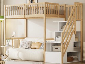 Łóżko mezzanine 90x200cm z litego drewna - z schodami do przechowywania - Naturalne
