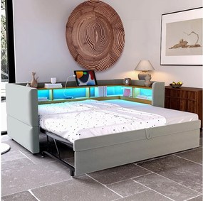Sofa rozkładana z wysuwaną ławką - 2 x 90 x 190 cm - Przechowywanie + diody LED + gniazda ładowania - Drewno lite - Jasnoszary