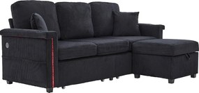 Czarna sofa 4-osobowa - Sofa narożna z oświetleniem LED i podnóżkiem ze schowkiem - uchwyt na kubek i boczne kieszenie - sztruks
