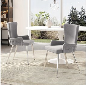 Zestaw 2 luksusowych krzeseł welurowych - 85 x 47 x 49 cm - z czterema srebrnymi metalowymi nogami - szary