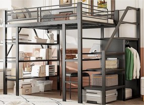 Łóżko mezzanine 140x200cm z metalu - z biurkiem i schowkami - Czarny