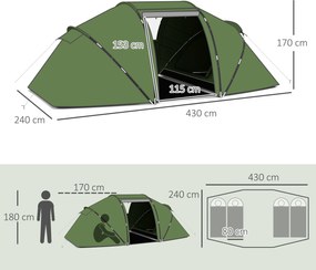 Outsunny Namiot tunelowy dla 4–6 osób, namiot kempingowy z drzwiami, mata podłogowa, wodoodporny 2000 mm, Zielony | Aosom PL