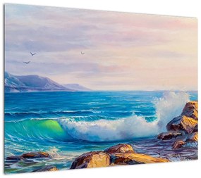 Obraz fal uderzających w klify, obraz olejny (70x50 cm)