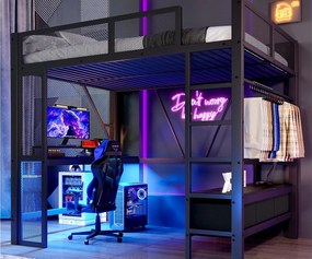 Łóżko na antresoli z metalu 140x200 cm - z LED i portem USB - Biurko i wieszak na ubrania - z 3 szufladami - Czarny (materac nie jest dołączony)