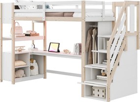 Łóżko na antresoli 90×200 cm - z szafą i biurkiem - drabina z miejscem do przechowywania - z gniazdkami i oświetleniem LED - biały