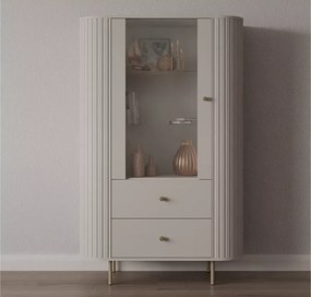 Witryna Opunio 1F2S – nowoczesna witryna z przeszklonym frontem i szufladami, beż piaskowy / dąb cremona / dąb dunin