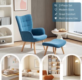HOMCOM Akcentowy Fotel z Podnóżkiem, Fotel Relaksacyjny w Wyglądzie Sztruksu, Fotel z Podłokietnikami i Drewnianymi Nogami, do Salonu, Niebieski