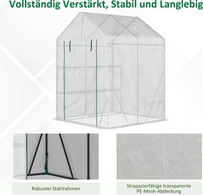 Outsunny Szklarnia Foliowa Inspektowa z Drzwiami na Zamek Błyskawiczny Stal i Tworzywo Sztuczne PE 143x143x195cm Biały | Aosom PL