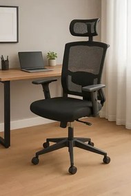 Czarny ergonomiczny fotel obrotowy z regulowanym zagłówkiem - Kenzo
