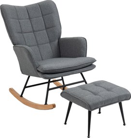 HOMCOM Krzesło Bujane z Podnóżkiem, Komfortowe, do 130 kg, Wygląd Lnu, 64x89x90 cm, Szary