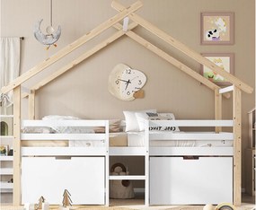 Łóżko mezzanine drewniane 90x200cm - z 2 szufladami do przechowywania - drewno lite + MDF - Białe + Naturalne