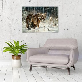 Obraz na szkle - Tygrys w zaśnieżonym lesie, obraz olejny (70x50 cm)