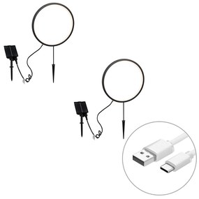 Zestaw 2 czarnych lamp na szpikulec 60cm z wbudowanym akumulatorem LED i panelem słonecznym IP65 - Adalind