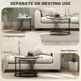 HOMCOM Okrągłe stoły kawowe w zestawie 2 szt., marmurowa powierzchnia, płyta wiórowa, metal, łatwość w przechowywaniu, Biały