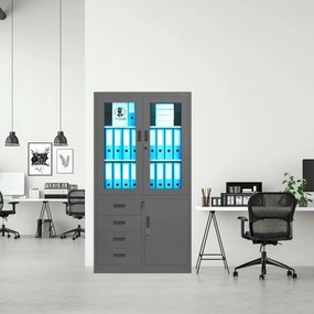 Biurowa przeszklona szafa metalowa na akta z szufladami WIOLA, 900 x 1850 x 400 mm, antracytowa
