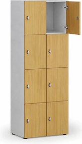 Drewniana szafka skrytkowa S4, 8 schowków, demontaż, zamek obrotowy, szary/brzoza