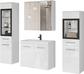Meble łazienkowe, zestaw wiszący do łazienki z umywalką, 2 słupkami i szafką lustrzaną, korpus biały mat / fronty biały połysk