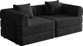 Sofa 2-osobowa, Sofa rozkładana z podłokietnikami i kieszeniami bocznymi, metalowa rama - Czarny szenil