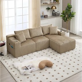 Modułowa Sofa Narożna 3-osobowa, z Korbu, z Uchwytem na Napoje, Poduszkami i Bocznymi Kieszeniami, Leżanka 118cm, Khaki