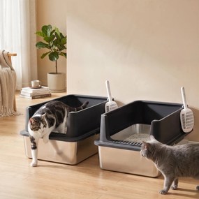 PawHut Zestaw 2 kuwet XL ze stali nierdzewnej z wysokim brzegiem i pokrywą 60x40x30cm półotwarta z 2 łopatkami, dla dużych kotów do 8 kg | Aosom PL