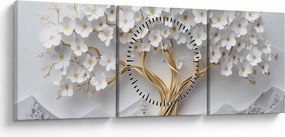 Obraz – Eleganckie drzewo życia 3D pełne kwiatów (z zegarem) (90x30 cm)