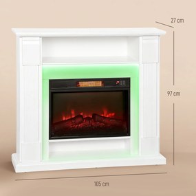 HOMCOM Kominek elektryczny z oświetleniem LED, realistyczny efekt płomieni, 1800W, półka nad kominkiem, 2 piloty, szkło, biały