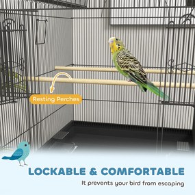 PawHut Mobilna klatka dla kanarków i falistych, z dolną półką, metalowa siatka, Czarna
